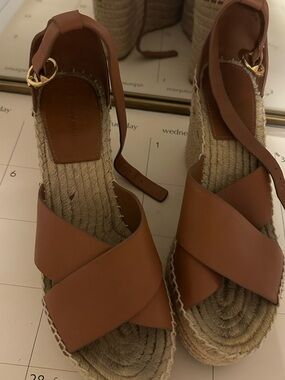 Tory Burch Brown Leather Crisscross Espadrille Wedge Sandals